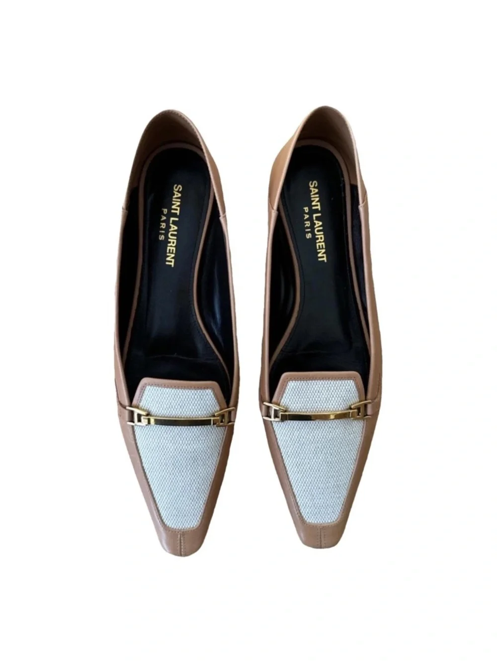 Saint Laurent Tan and White Leather-Trim Loafers with Gold Hardware